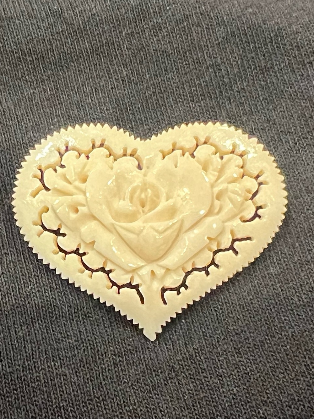 Vintage Celluloid Carved Floral Rose Heart Brooch